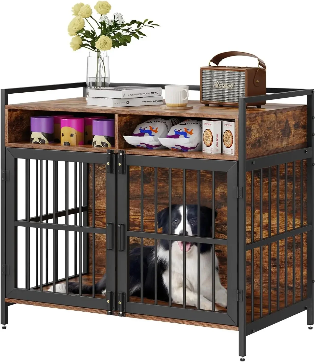 Furniture Style Dog Crate with Storage, 41 inch Dog Crate Furniture Large Breed with Double Doors, Hold up to 70 lbs