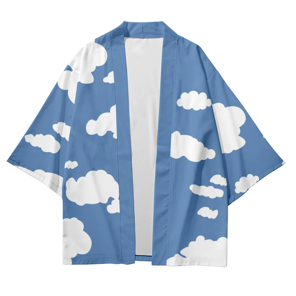 

Men and women Japanese kimono traditional art blue sky white clouds casual loose thin coat Asian kimono cardigan