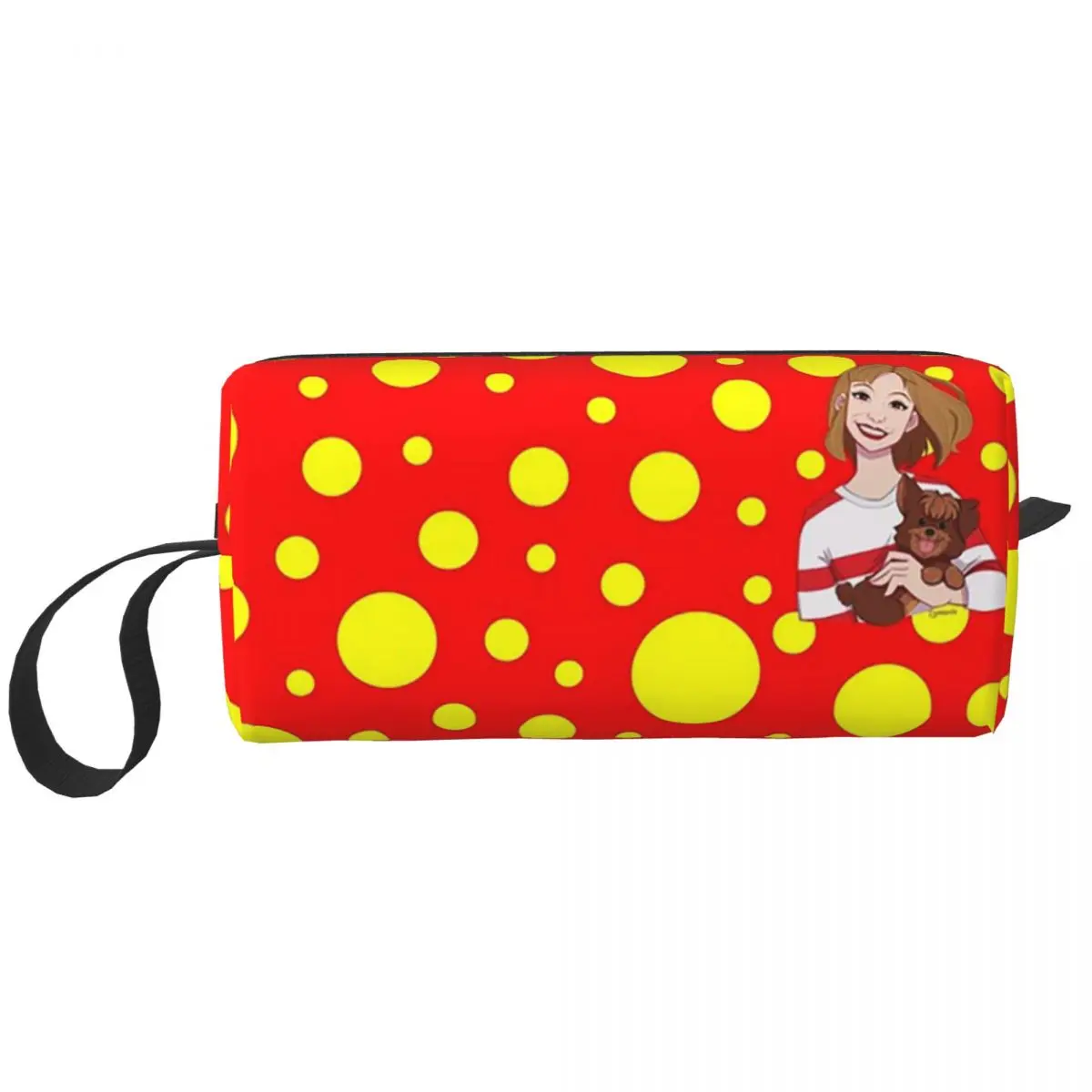 Bolsa de maquiagem com pontos para mulheres, organizador cosmético, armazenamento, kit Dopp, higiene pessoal, estojo de lápis de beleza, vermelho, pequenos pontos amarelos