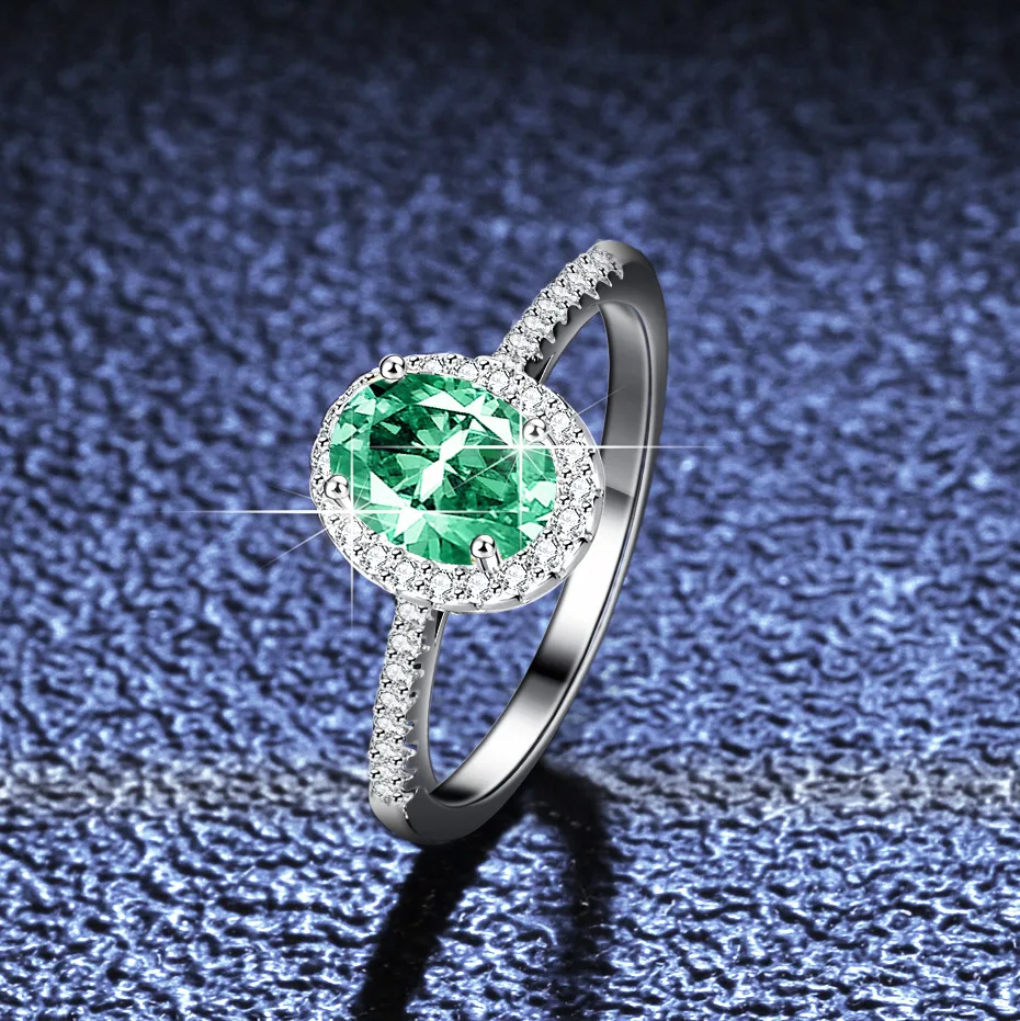 

Women's 1 Carat Pigeon Green Moissanite Ring - PT950 Platinum with Bold Setting, Unique Oval Cut, Statement Solitaire Design
