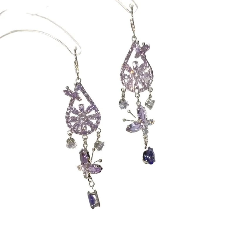 

Purple crystal water drop flower earrings zircon butterfly pendant light luxury dream romantic earrings