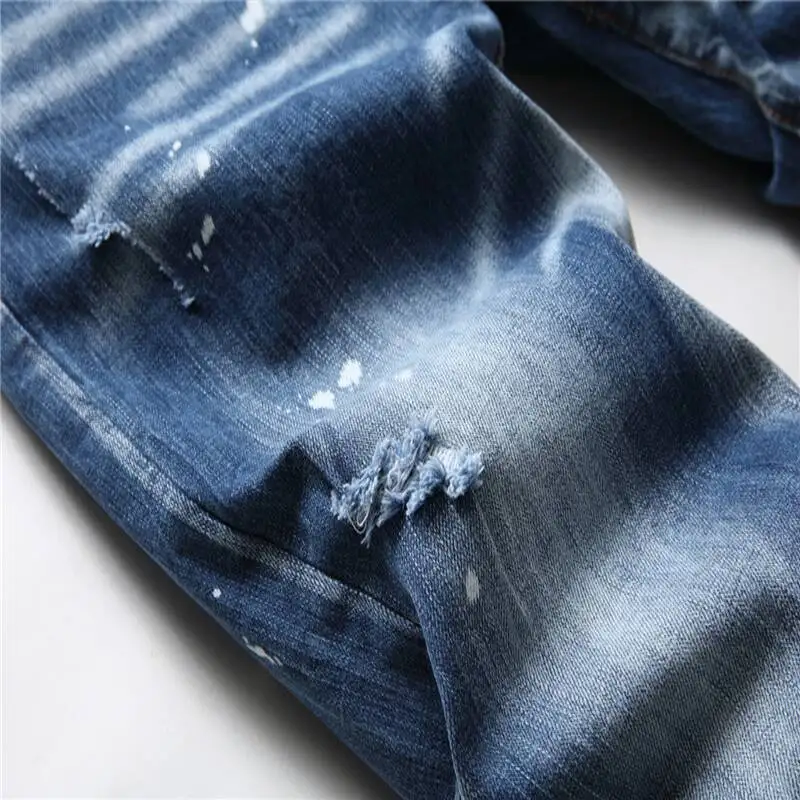 유럽과 미국의 가을, 겨울 새로운 칠기 남성 슬림핏 편지 인쇄 탄성 청바지 꽉 거지 바지