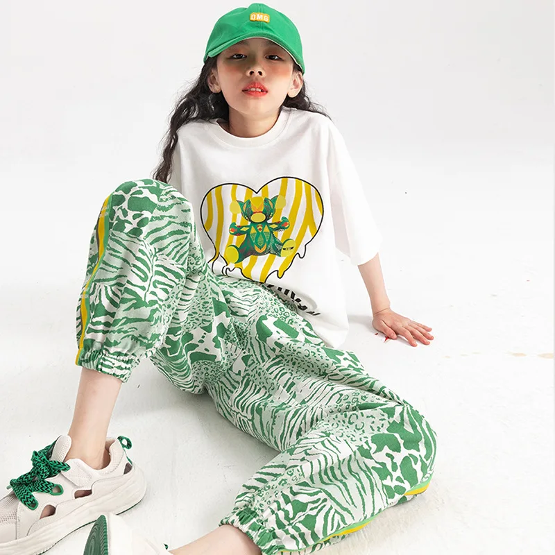 Summer Girls Cotton Loose T-Shirt Tops+Zebra Printed Pant School Kids 2PCS Tracksuit Children Outfits Student Jogger Sets
