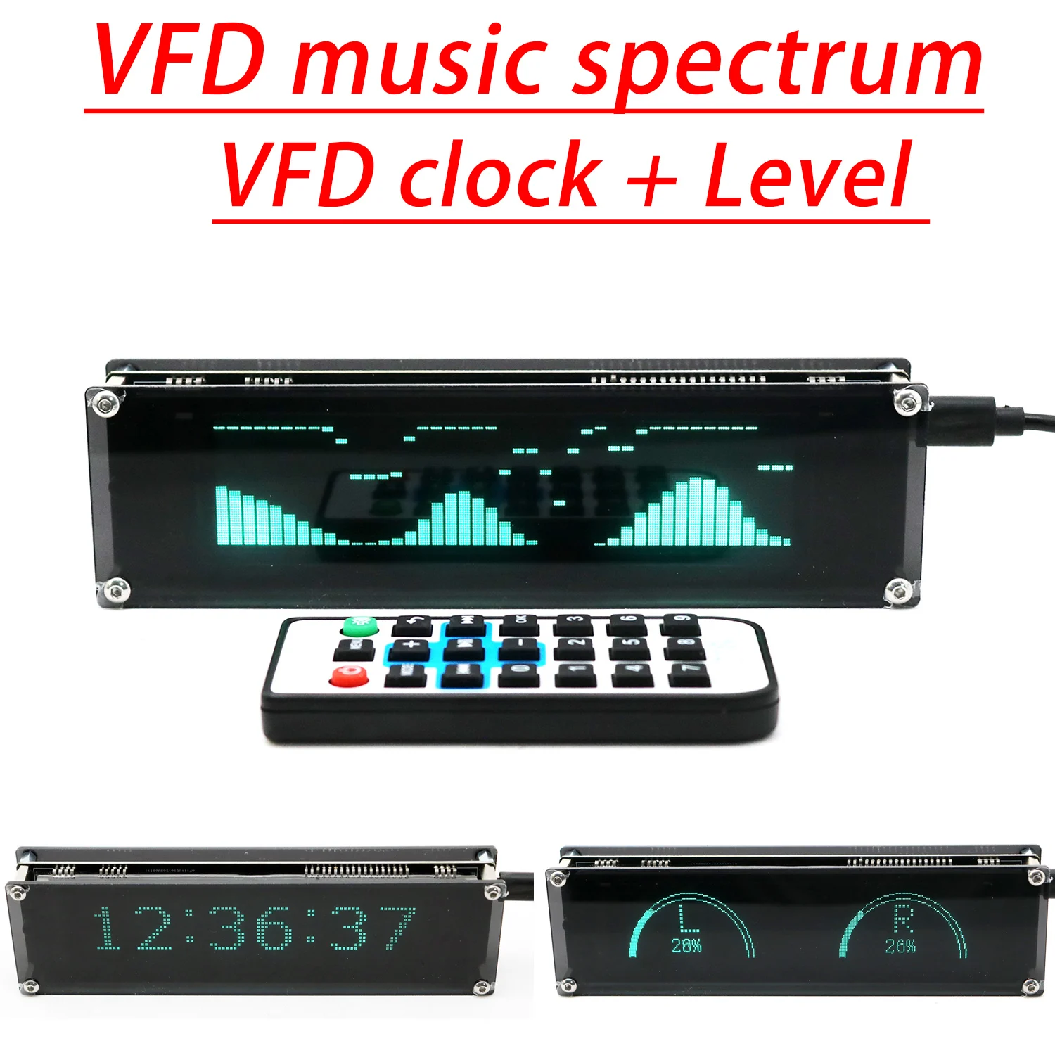 VFD Music Spectrum VFD Clock Display VFD Sound Audio Level VU Meter MIC Pickup Rhythm Atmosphere Light Scroll Billboard AUX CAR
