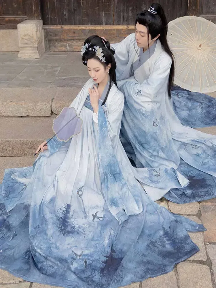 Платье ханьфу для пары, традиционный китайский костюм для косплея 2023, летний мужской и женский костюм ханьфу с градиентом, 3 предмета, размеры XL