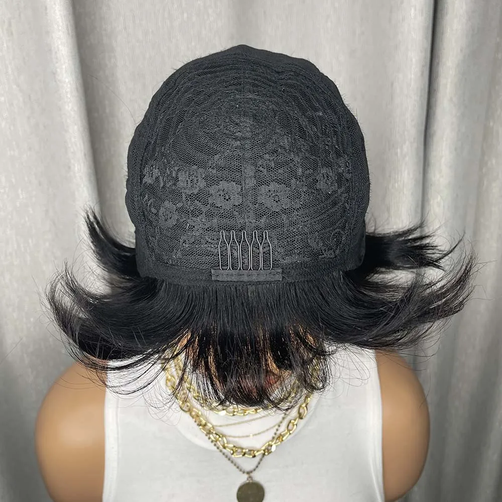 ピクシーカットウィッグ 人毛 黒人女性用 前髪付き ナチュラルブラック ストレート フルマシンメイド ショートレイヤード