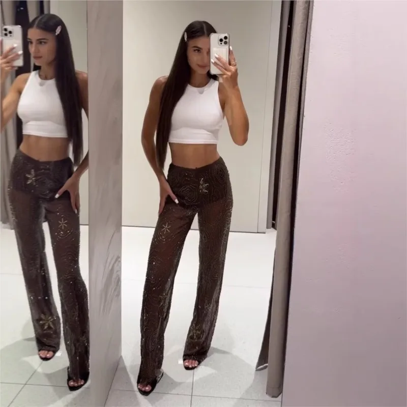 Female Sexy Sequins Beads Diamonds Snowflake Embroidery Tulle Pants Loose Brown Shiny Beading Mesh See Through Wide Leg Trousers