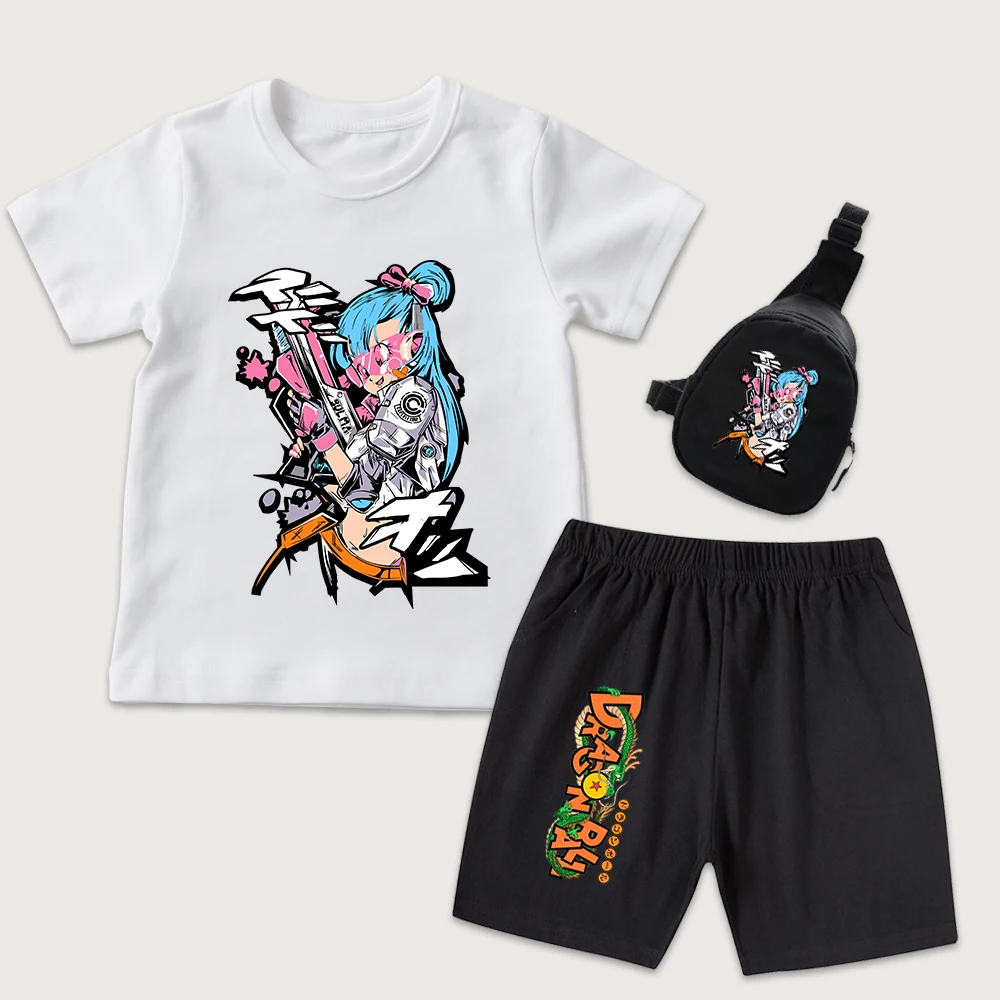 Kids DBZ Bulma Print Cotton T Shirt and Shorts Set with Mini Chest Bag 3 Piece Set for Boys Girls Summer Outfit