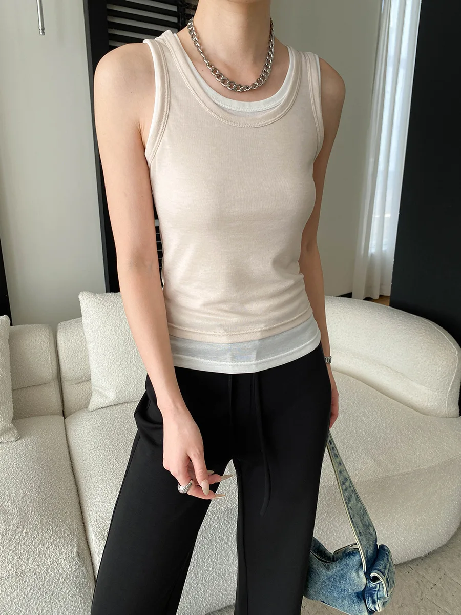 Sommerliches, lässiges, einfarbiges, kontrastfarbenes, zweiteiliges Tanktop mit Rundhalsausschnitt und schmaler Passform für Damen – Detail 16