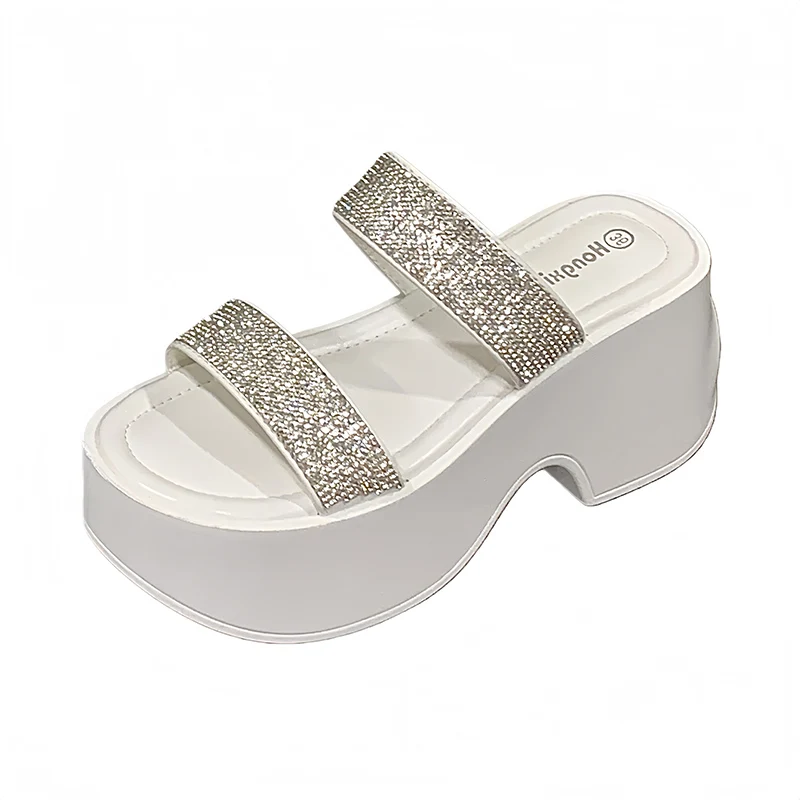 

Black Platform Sandal 8cm Chunky Heeled Sandals White Rhinestones Summer Slippers Woman High Heels Silver Shoes Small Size 34