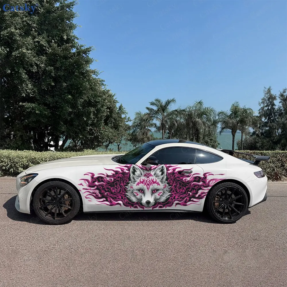 

2pcs Pink Flame White Fox Splash Decal, Durable, Fade-Resistant, Enhance Vehicle Aesthetic With Bold Design Car Vinyl Wrap