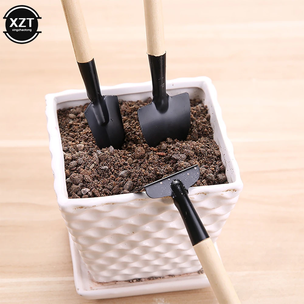 3 Pcs/set Mini Spade Shovel Harrow Flowerpot Tool Potted Plants Maintenance Wooden Handle Rake Plant Soil Shovels Gardening Tool