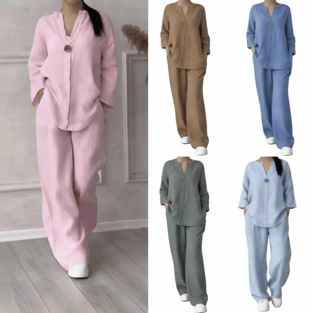 Fashion V Neck Women Two Piece Set Button Front Short Sleeve Wide Leg Pants Set Loose Fit Pocket Design Pants Set Summer Outfit