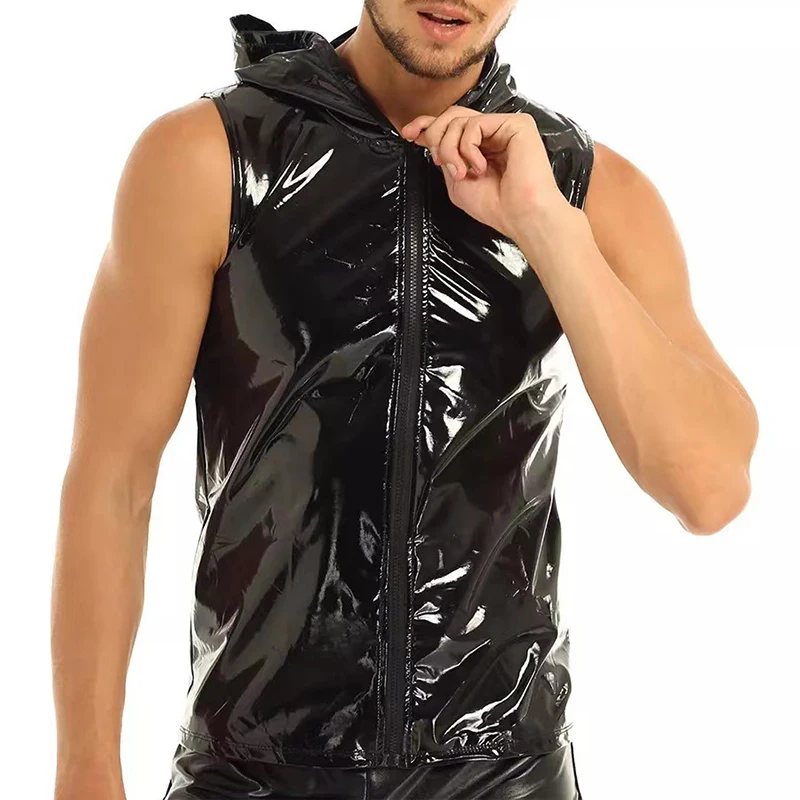 7XL Mens Faux Leather PVC Hoodies Tank Tops Zipper Sleevless Shiny Latex Hooded Shirts Sexy Stage Clubwear Gay Tight T-shirts