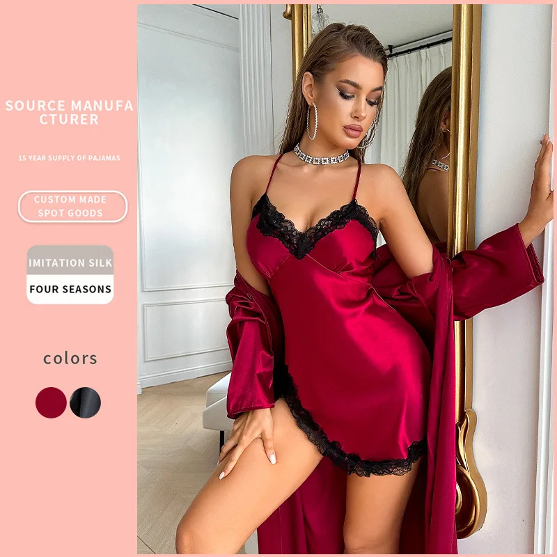 

Летний красный домашний костюм, повседневный однотонный халат, комплекты платьев для женщин, сексуальная тонкая ночная рубашка, свободный комплект мягкого нижнего белья для отдыха