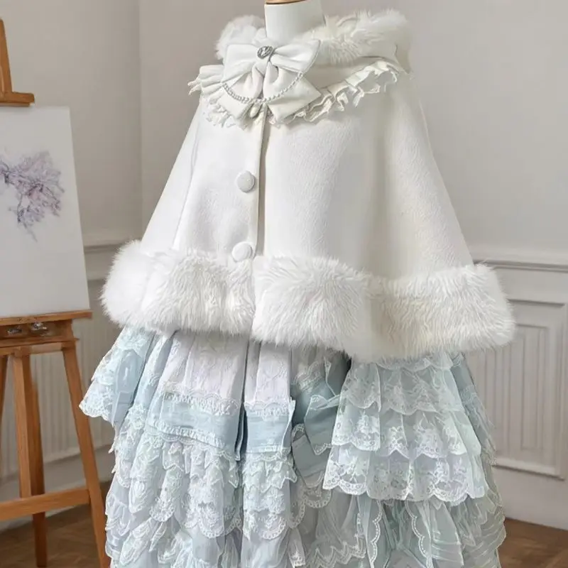 Japanese Hooded Cloak for Women Sweet Princess Faux Rabbit Fur Cape Coat Fall Winter Lolita Shawl Overcoat Loose Bow Fur Jacket