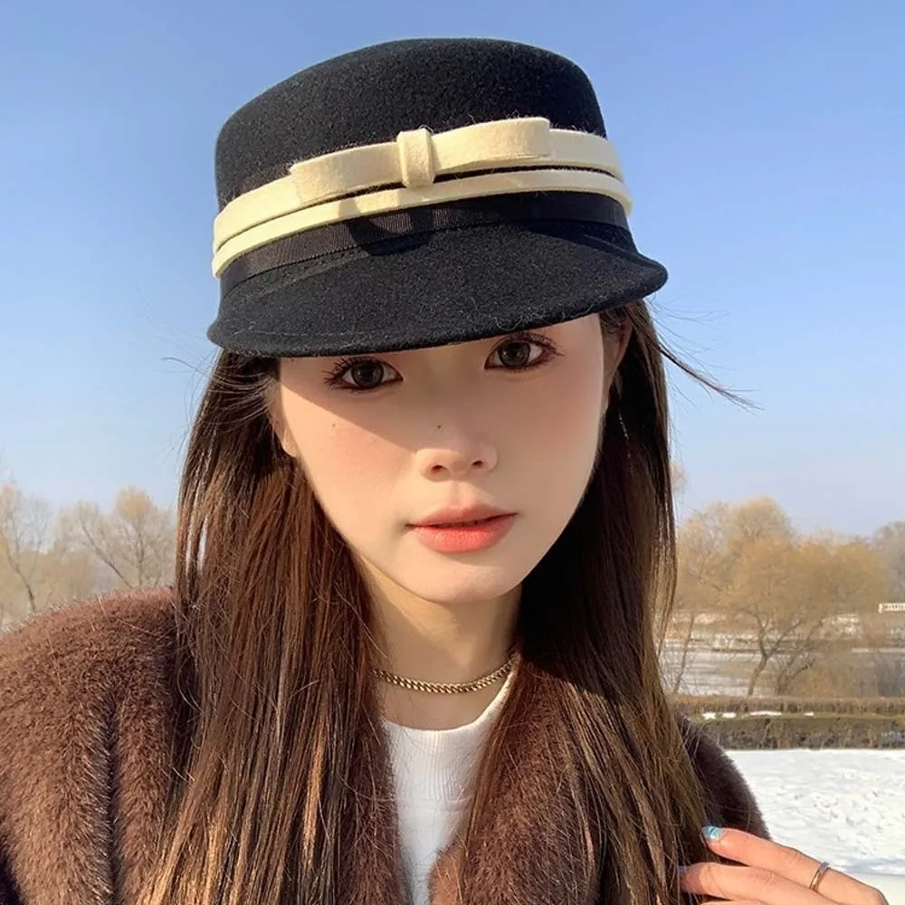 

Шляпа принцессы, винтажная шерстяная конная шляпа с бантом, британский стиль, остроконечная плоская кепка, белая, черная, модная рыцарская кепка, теплая кепка