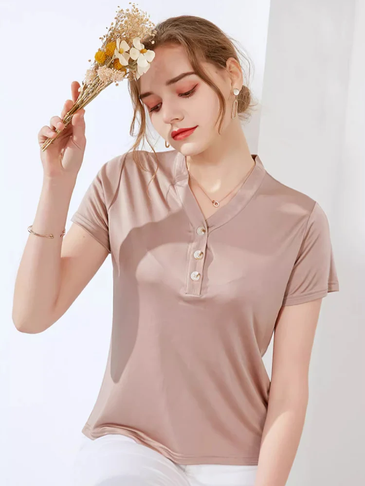 SuyaDream Women Solid T Shirt 30%Silk 70%Viscose V Neck Short Sleeves Chic Shirt 2025 Spring Summer Khaki Silk Top XXXL