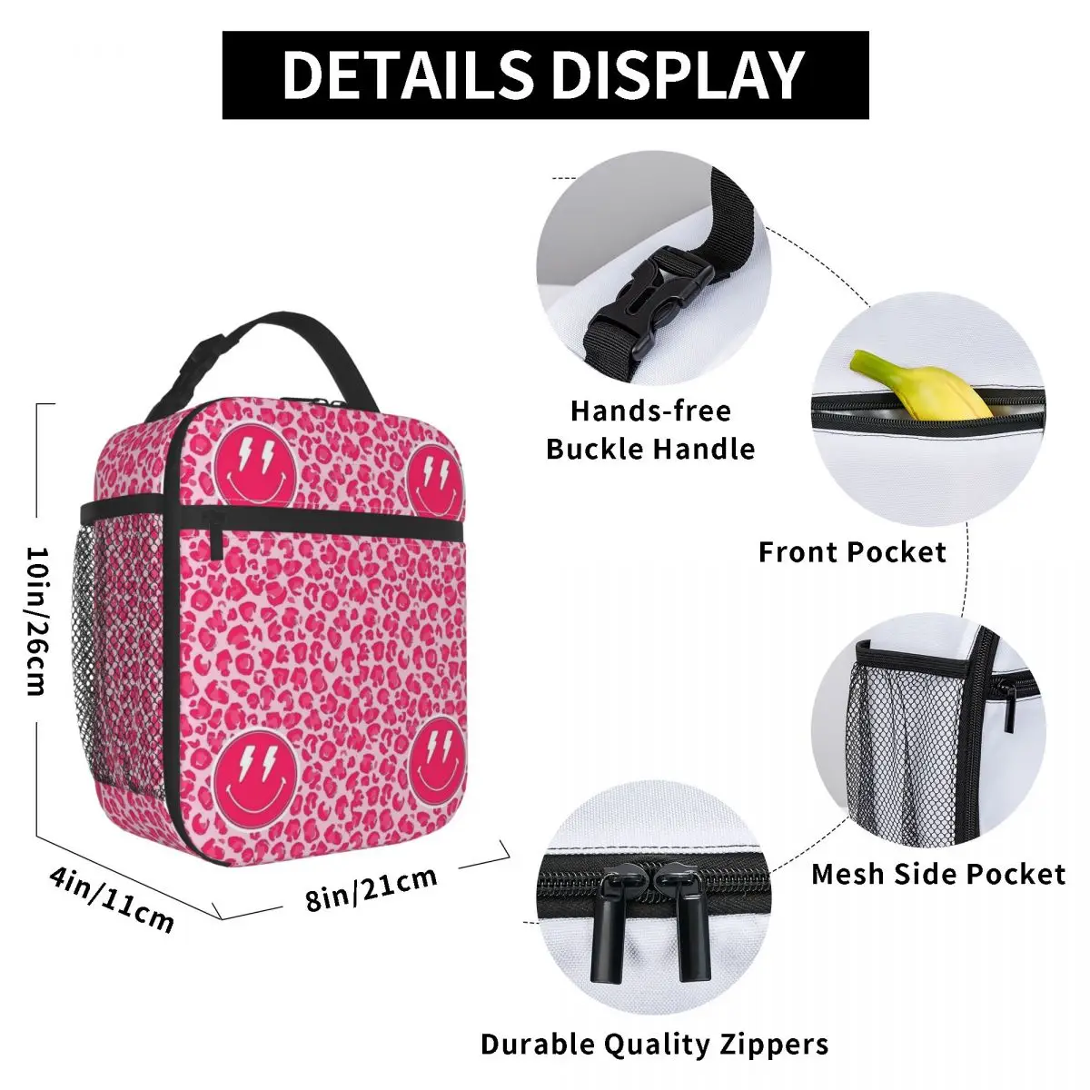 Preppy Esthetische Roze Luipaardprint Smile Geïsoleerde Lunchzakken Thermische Zak Maaltijdcontainer Hoge Capaciteit Draagtas Lunchbox Voedselzak