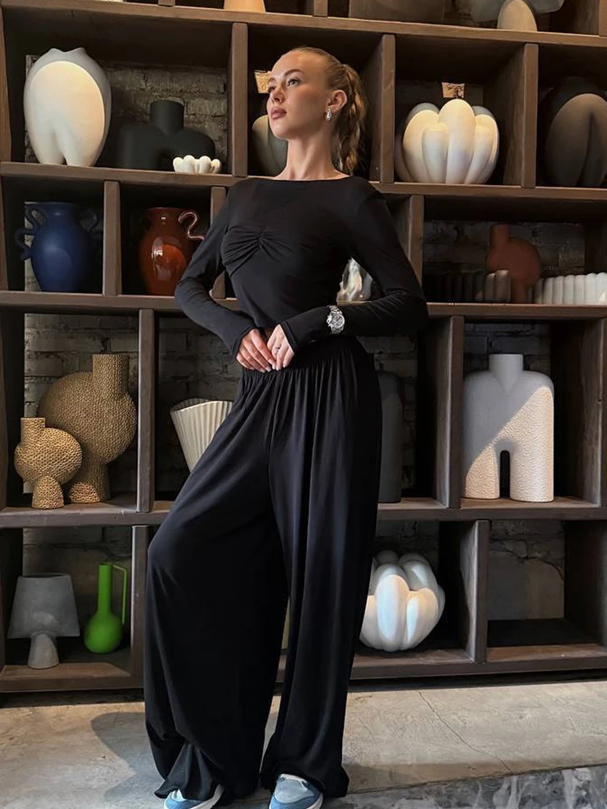 

Marthaqiqi Winter Ladies Nightwear Suit Crop Top Pajamas Long Sleeve Nightie O-Neck Nightgowns Pants Casual Female Sleepwear Set