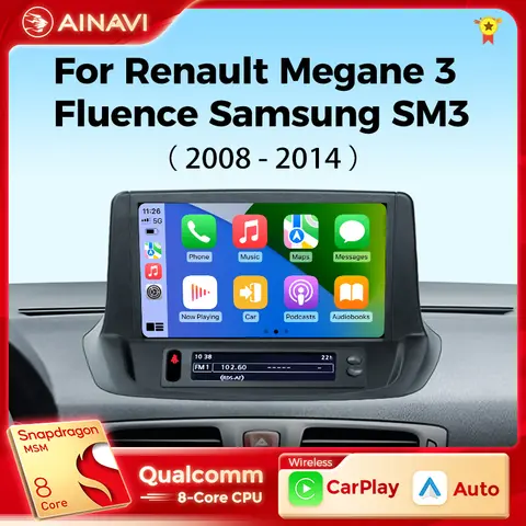 Autoradio Ainavi per Renault Megane 3 Carplay Fluence Android Auto Samsung SM3 4G Multimedia Auto Schermo Touch HD IPS 5G Wifi GPS