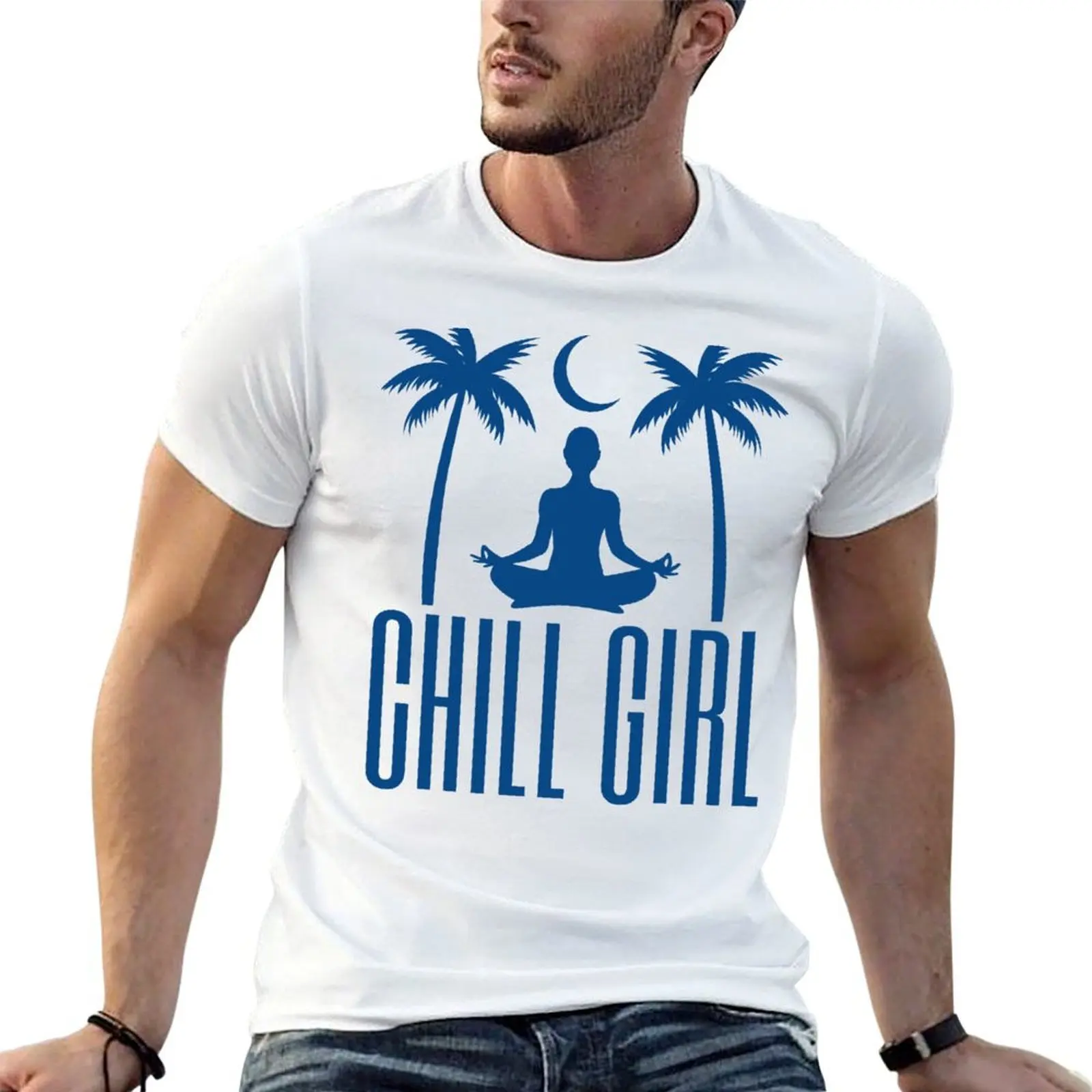 Retro-Style Chill Girl Yoga on the Beach - Blue T-Shirt designer shirts shirts graphic tees men workout shirt