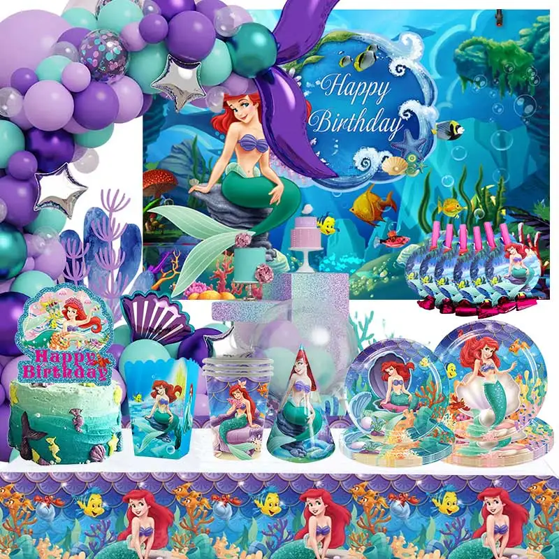 Décoration d'anniversaire la petite sirène, princesse Ariel, vaisselle, assiette, tasse, ballons, bannière, sacs cadeaux d'arrière-plan, fournitures de fête pour enfants