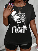 Skeleton pattern round neck plus size women T-shirt short sleeve trend printing elastic half sleeve T-shirt