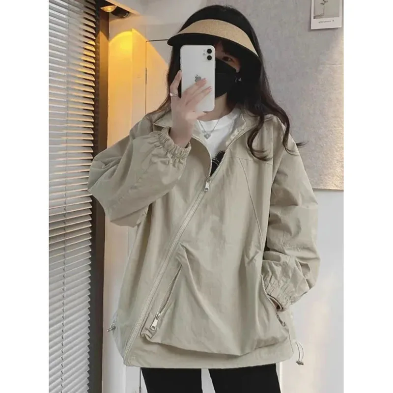 

Women's Sun Protection Clothing Wearing Fashion Hooded Diagonal Zipper Pocket 2024 Summer New Joker Loose Clothing Jacket Jacket