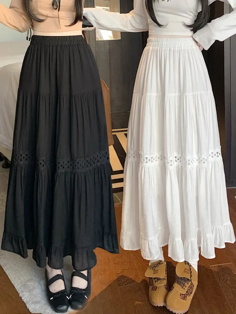 White Lace Splicing Fluffy Cake Skirt Women's Spring Medium and Long Temperament Ruffle Edge Gentle Skirt Umbrella Skirt