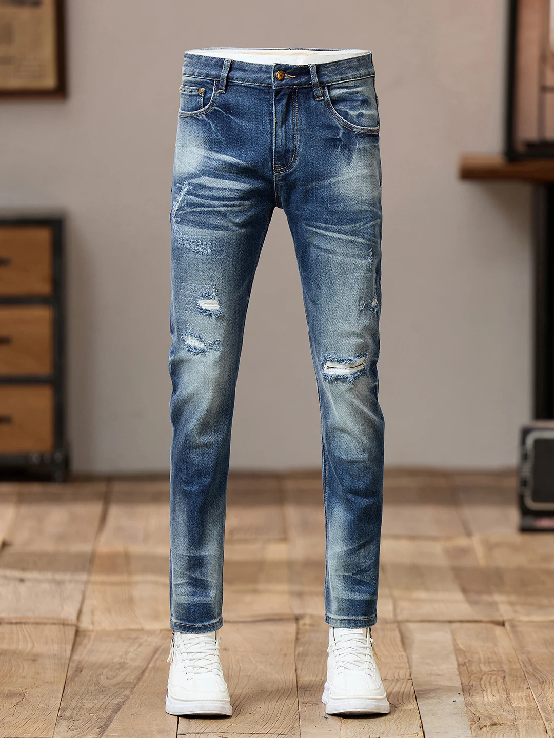 

High-End Men's Denim Jeans Patchwork Waed Casual Slim Fit Vintage Sle Cotton Stretch Fabric Wear-Resistant mid Waist Zipper