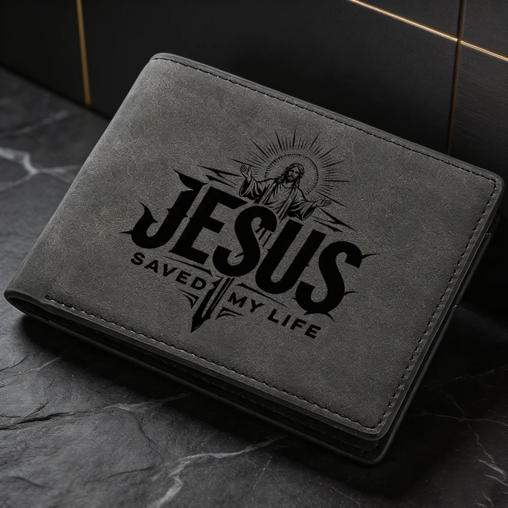 Men's Fashionable Short Wallet, with Personalized Design Featuring the Image of Jesus, and Multiple Card Slots.