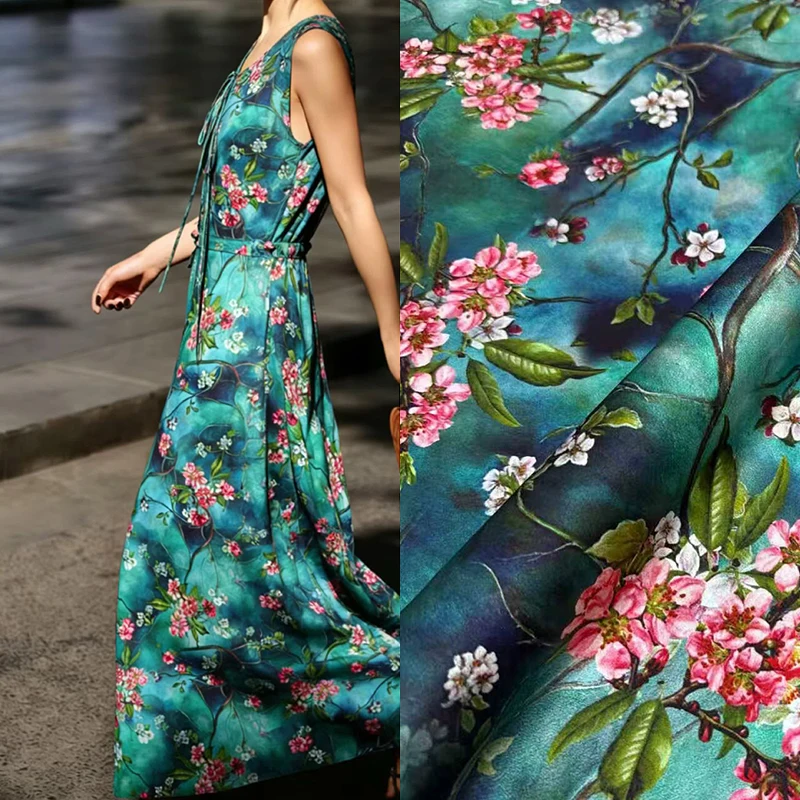pink-floral-printed-dark-green-stretch-silk-fabric-for-diy-and-sewing-soft-comfortable-silk-fabric-for-dress-pants-pajamas-r6584