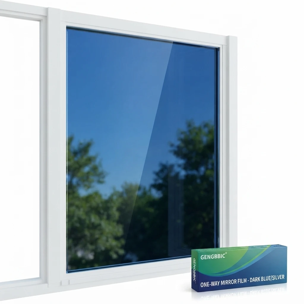 Dark Blue Static Cling One Way Mirror Window Film with Silver Inner Layer No Glue Heat UV Blocking Privacy Tint for Home Office