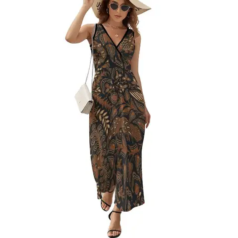 Geleneksel Endonezya batik etnik tekstil desen tasarımı Kolsuz Elbise yaz kadın elbise 2025 elbise kadın yaz