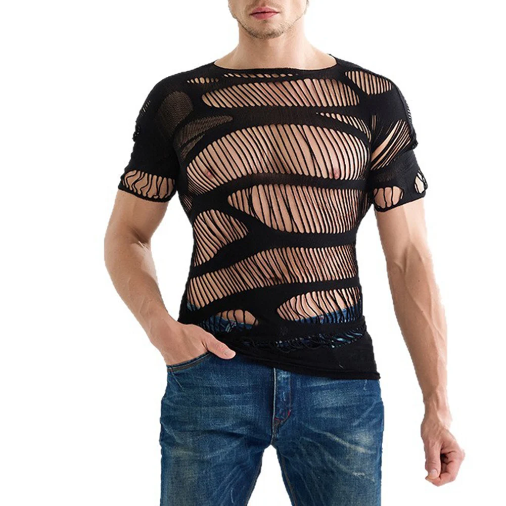 

1pc Men Sexy Mesh Sheer Top Short Sleeve Mesh See Through Tops Hollow Out O-neck T-shirts Solid Color Underwear