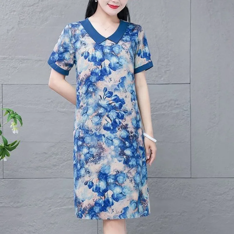 2024 Summer Women's New Patchwork Pullover Turndown Collar Printing Fashion Slim Fit Versatile Casual Short Sleeve Dresses