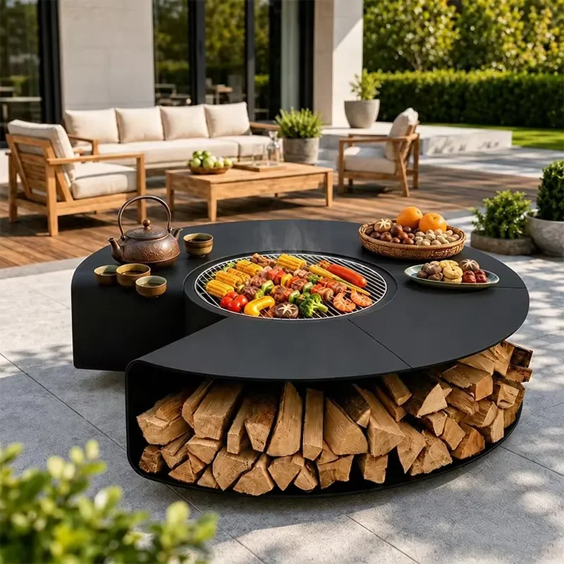 Custom 1200mm Modern BBQ Stainless Steel Thickened Cast Iron Courtyard Firewood Stove Surround Table Outdoor Wall Stove