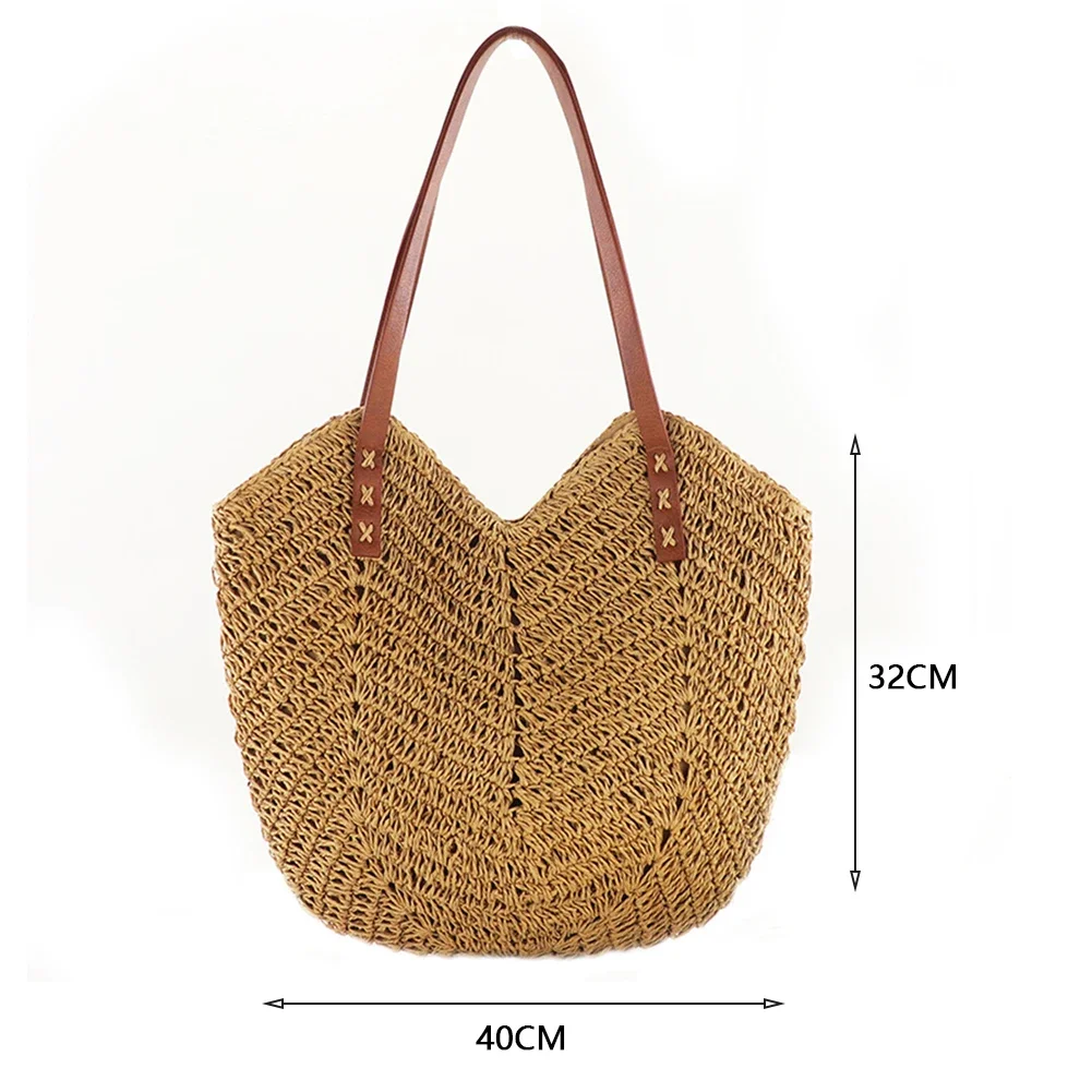 Saco de palha tecido Rattan oco para mulheres, sacos de praia crochê, bolsa de ombro, bolsas de senhoras tecelagem, moda, verão, 2023