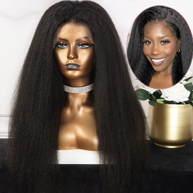 

4C Edges Kinky Straight Lace Front Wigs Human Hair Yaki Stairght 13x4 HD Transparent Lace Frontal Kinkystraight Wigs with Curly