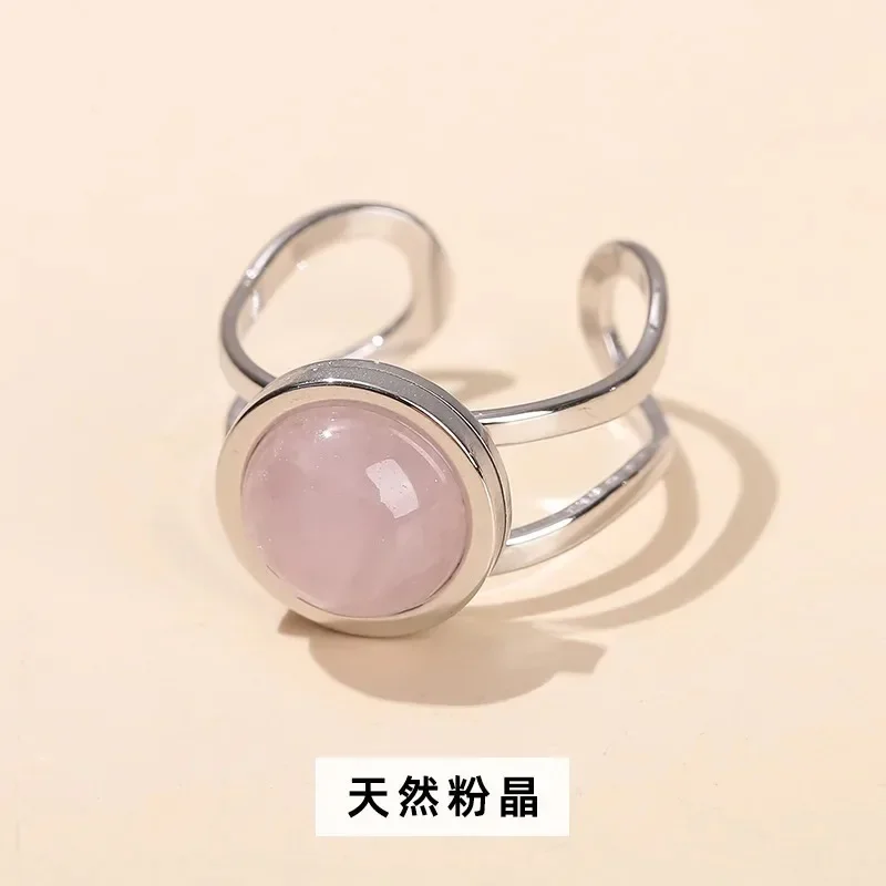 10mm Healing Natural Stone Stainless Steel Open Rings Women Rose Quartz Green Aventurine Adjustable Crystal Jewelry