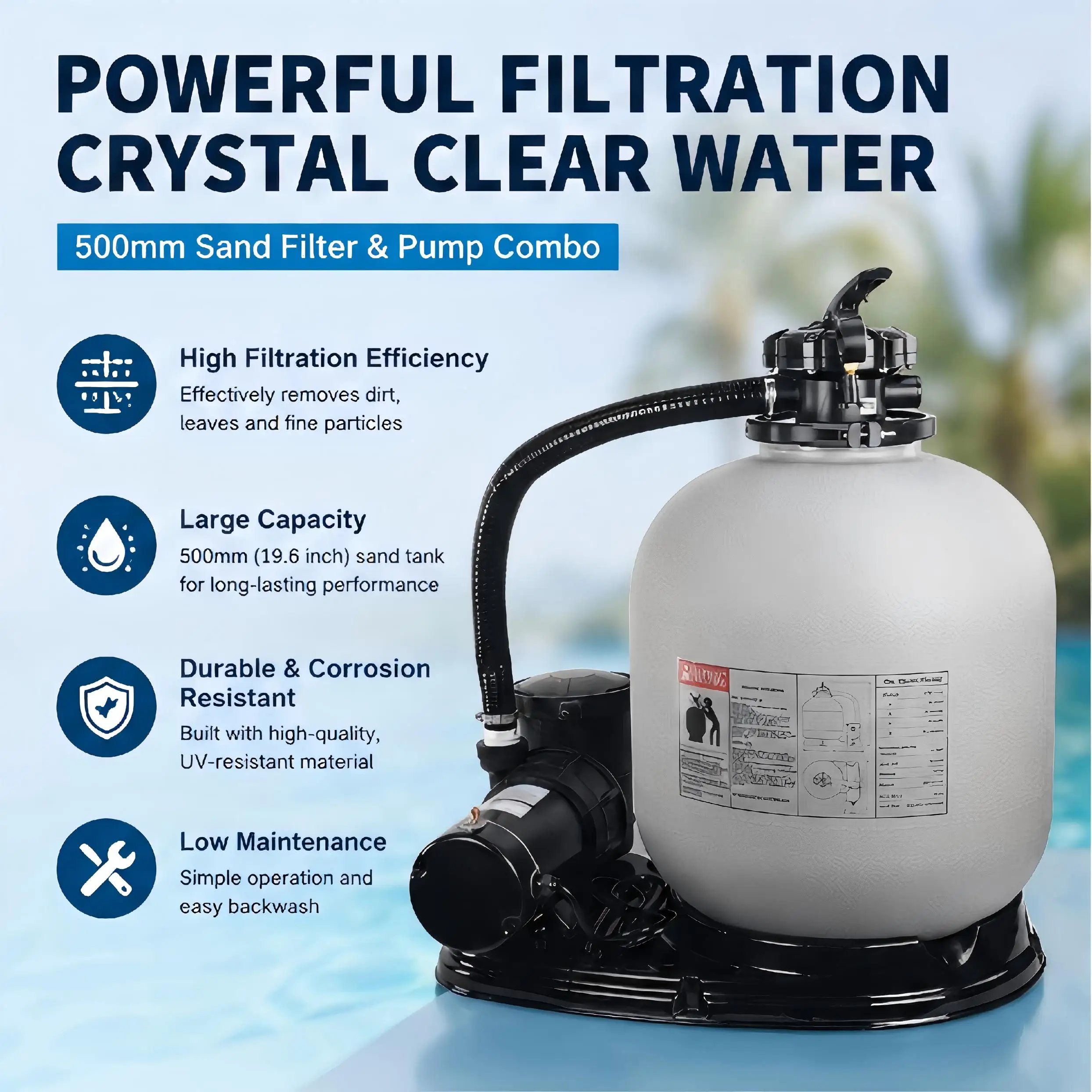 500mm Swimming Pool Sand Filter Pump System with High Efficiency Water Circulation for Inground Pools
