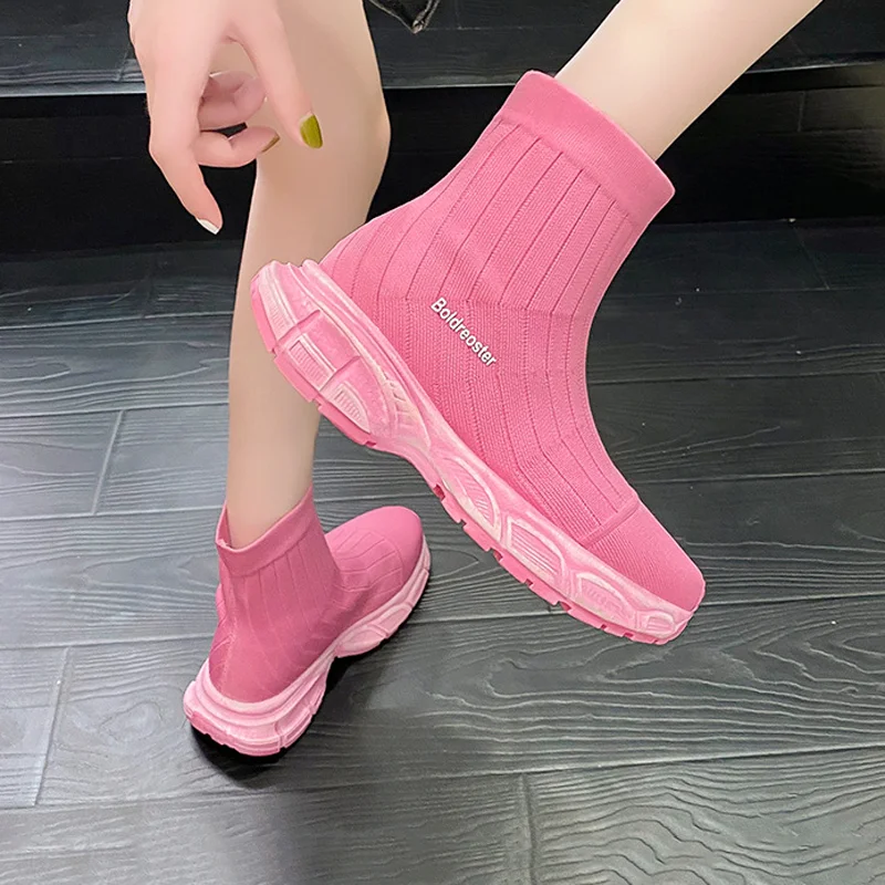 Elastic Socks Shoes Women's Spring and Autumn New Slip-on Sports Casual Ankle Boots Fly Woven Breathable Outdoor Female Shoes