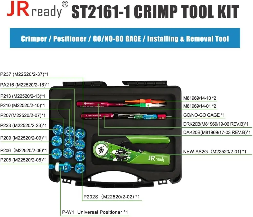 ST2161-1 مجموعة أدوات تجعيد الطيران NEW-AS2G المكشكش المصغر M22520/2-01 G125 GO NO-GO GAGE 11 قطعة الموضعين DAK20B - جديد