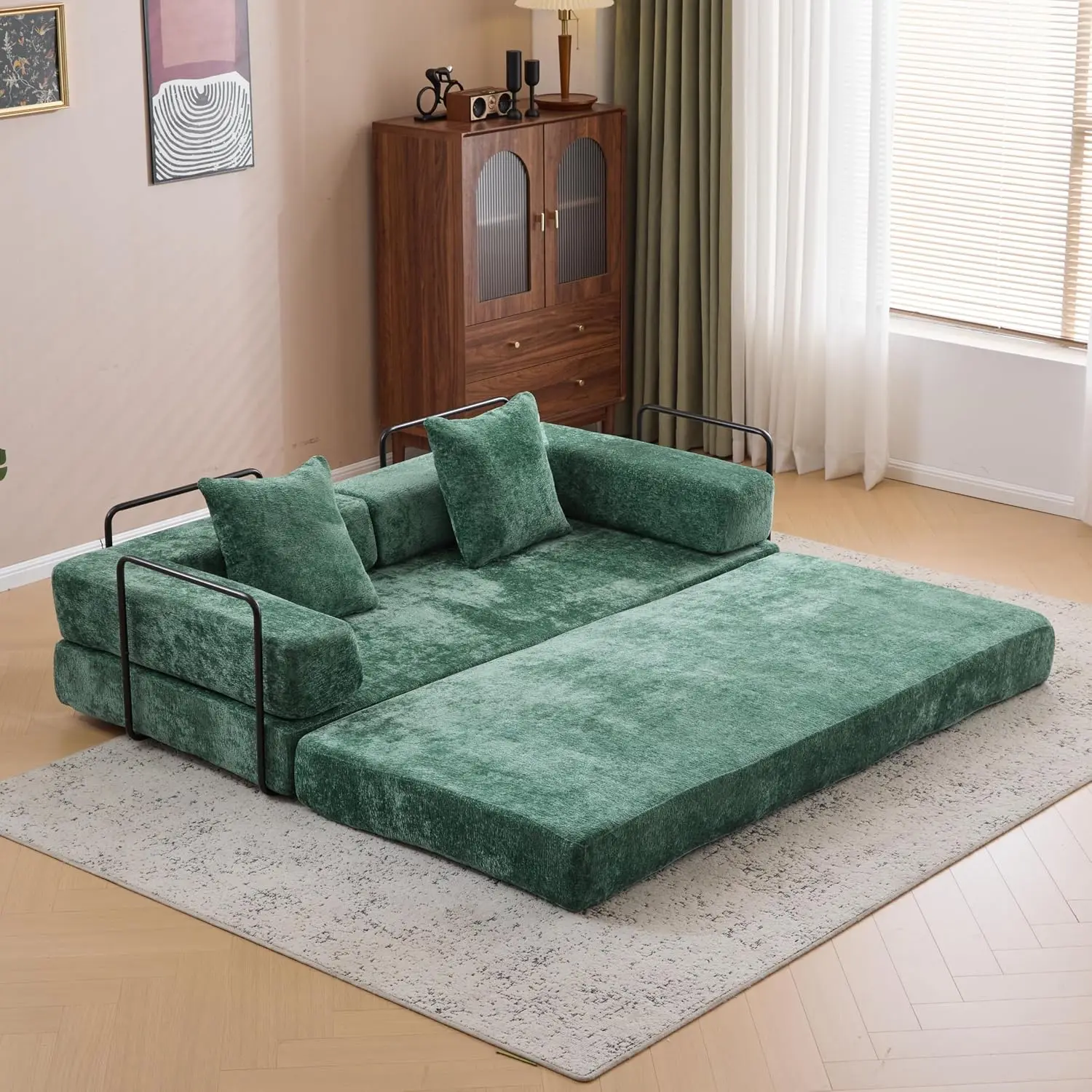 Convertible Sleeper Sofa with Fixed Frame, Floor Lounge Couch with Cylindrical Pillow, Chenille Folding Mattress for Living Room