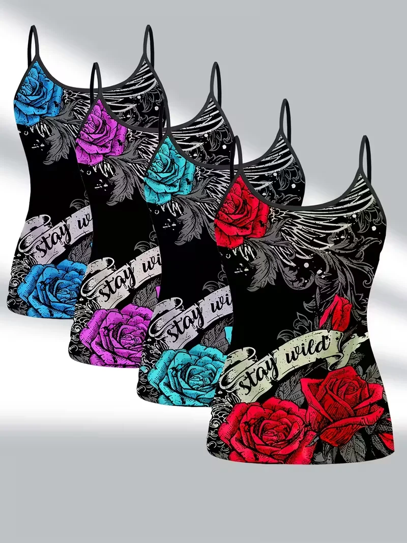 4-Pack Women's Rose Print Camisole Tops with Slogan and Wing Pattern, Slim Fit Inner Wear Tops