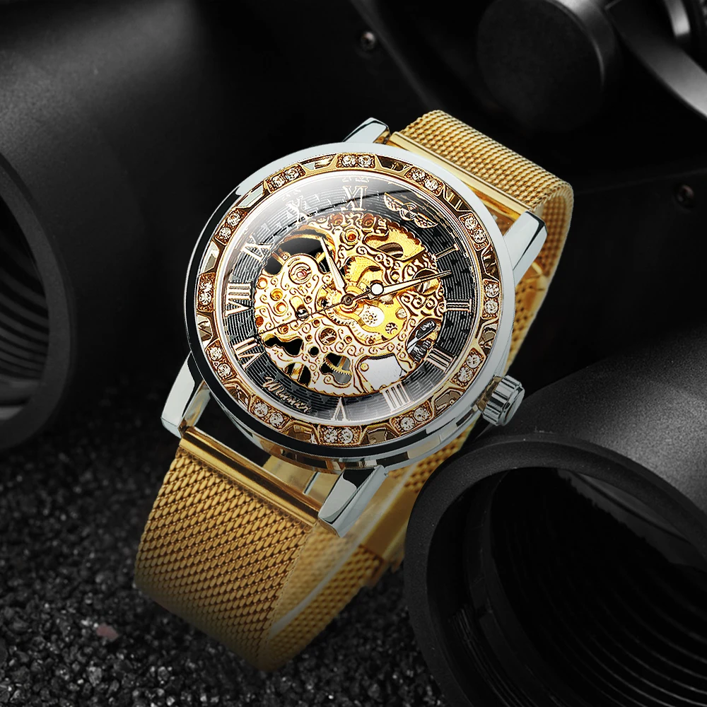 ساعات رجالي كلاسيكية كلاسيكية من WINNER من أفضل العلامات التجارية الفاخرة مع هيكل عظمي متعرج يدويًا ساعة ميكانيكية شبكية بحزام من الفولاذ المقاوم للصدأ