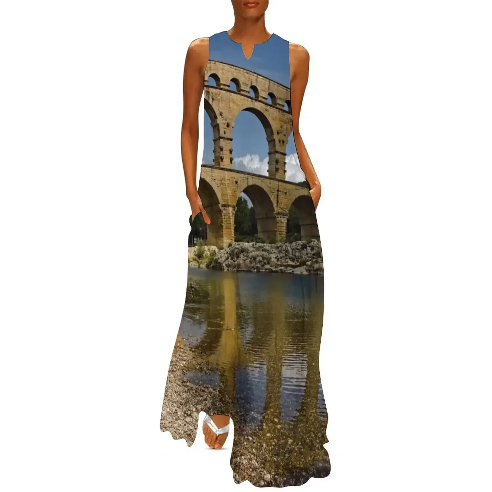 

Pont du Gard with reflection Long Dress womans clothing prom dresses 2025 Clothing female Dress
