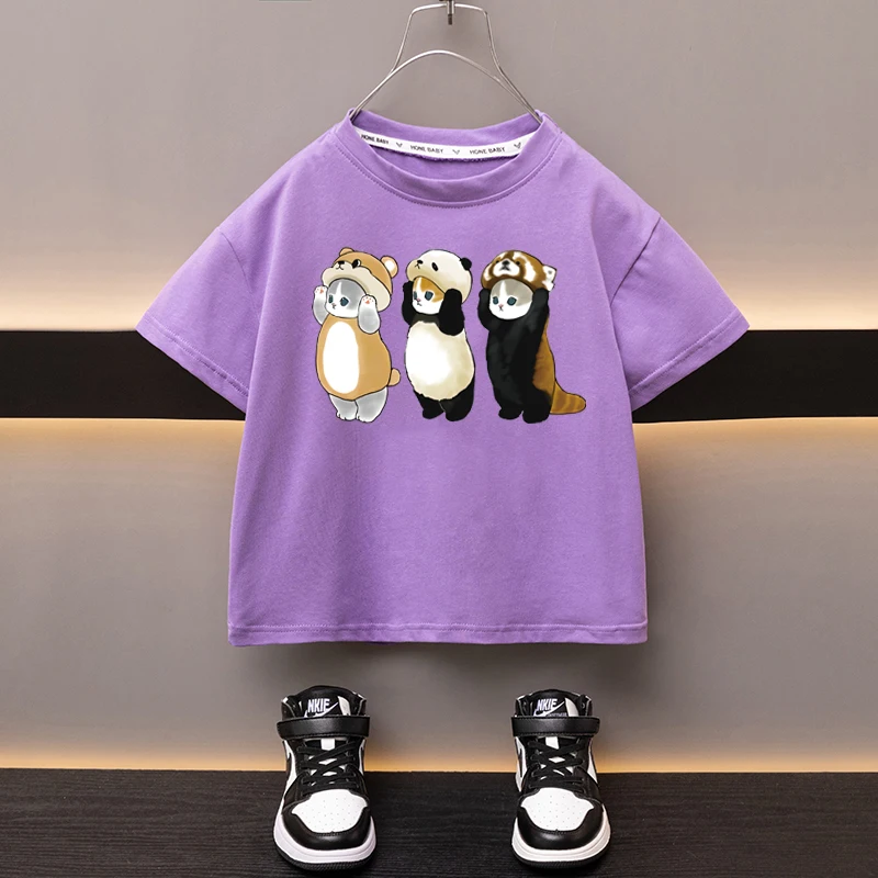 Summer Boys Girls Cotton T-shirt New Product Dress Up Cat White Tees Sweat-absorbing Breathable Cartoon Top Children\'s Clothes