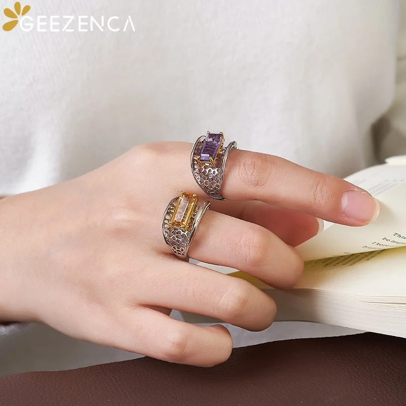GEEZENCA 925 Silver Two Toned Hollow Engraved Beehive Amethyst Citrine Open Ring Women Trendy Wide Big Statement Rings Her Gift